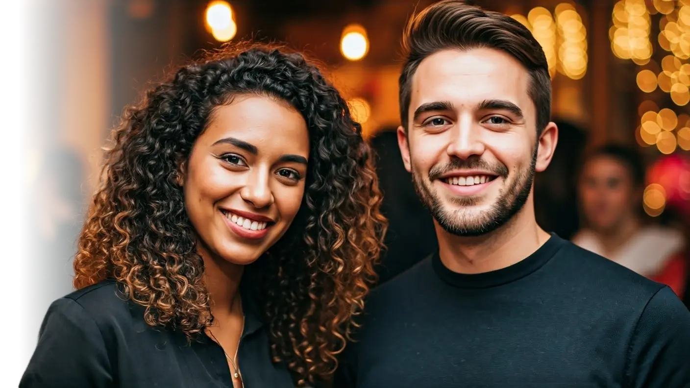 beautiful bi-racial young couple facing camera and smiling in an indoor social setting