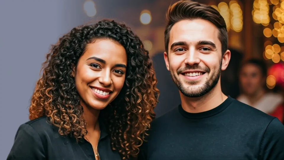 bi-racial young couple embracing facing camera and smiling in an indoor social setting